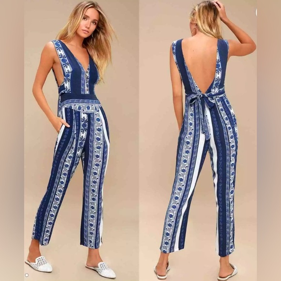 Free People Pants - Free People Navy & White Striped Floral Print Jumpsuit